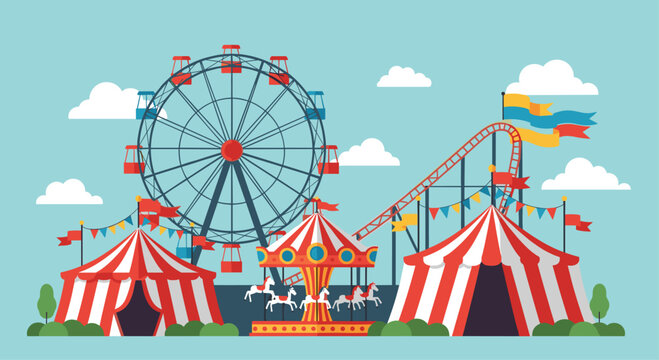 A vibrant carnival with its iconic ferris wheel and roller coaster against a cheerful sky for joyful memories