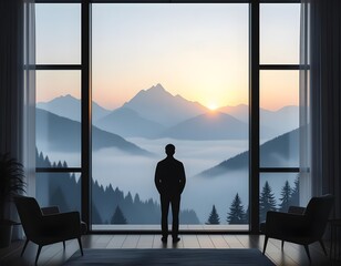 Silhouette Man Looking at Mountain View Through Large Window at Sunrise.