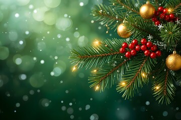 Christmas Pine Branch with Lights, Berries and Snowflakes