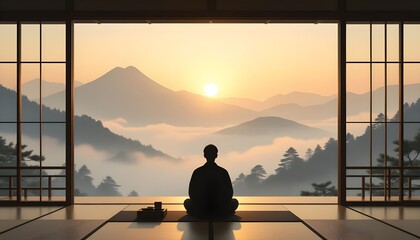 Meditating Peacefully and Watching the Sunrise in a Japanese Room Over Misty Mountains.