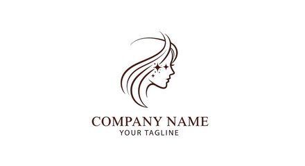 Elegant line art logo of a womans face with flowing hair and stars.