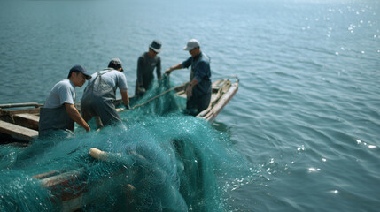 Fishermen handling fishing nets on a boat
