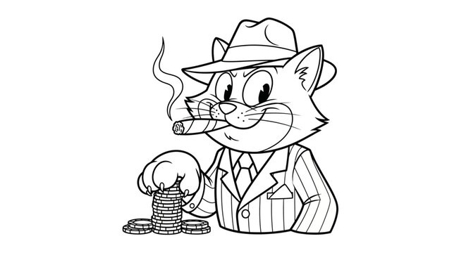 Cartoon cat gangster wearing a fedora hat smoking a cigar next to a stack of chips illustration