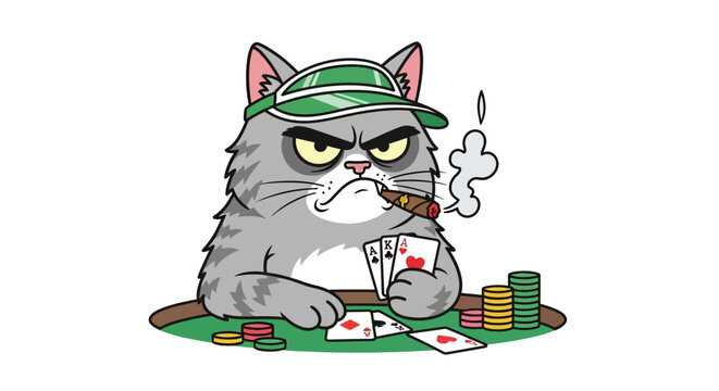 Illustration of a grumpy cartoon cat wearing a visor and playing poker while smoking a cigar