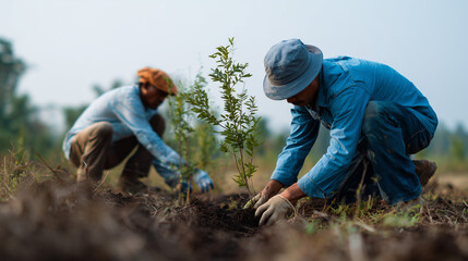 Farm workers planting young trees for land restoration
