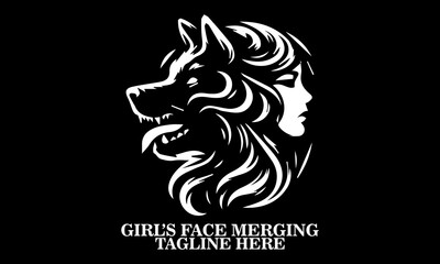 silhouette vector of a girl’s face merging  with the head of a fierce dog, girl’s face with the head of a dog vector illustration, dog and girl's logo