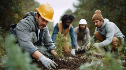 Environmental workers planting young trees in forest restoration project
