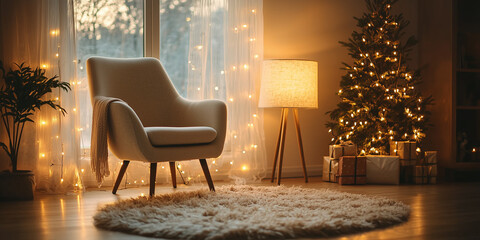 cozy interior scene featuring a stylish chair, elegant christmas tree adorned with lights and ornaments, soft gray and brown tones, warm bokeh lighting,