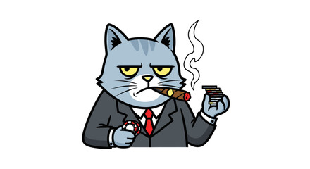 Obraz premium Cartoon of sophisticated cat in a suit, smoking cigar and holding poker chips in casino