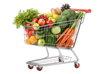 Shopping cart filled with fresh vegetables, fruits, and healthy grocery items. Isolated on a transparent background, PNG format. Ideal for supermarket advertising, nutrition, organic food concepts, an