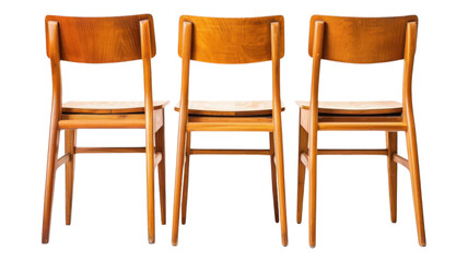 Three wooden chairs in a row facing back on transparent background