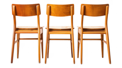 Three wooden chairs in a row facing back on transparent background
