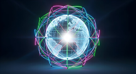 Global connection with vibrant neon grid for modern technology and innovative network solutions showcasing worldwide data transfer and communication