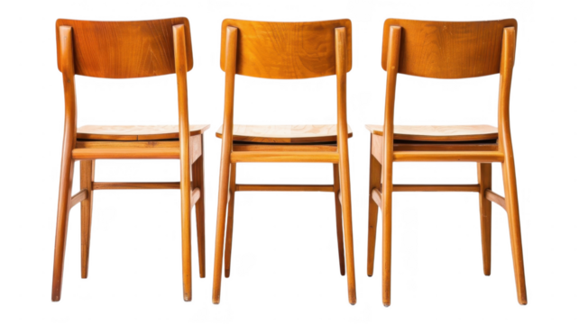 Three wooden chairs in a row facing back on transparent background