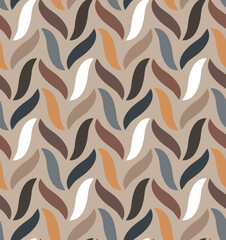 Seamless geometric pattern with an abstract, simple design of stylized multicolored leaves on a beige background. Contemporary retro style. Vector illustration for textile, wraps, and wallpaper.