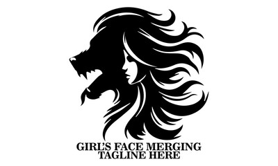 silhouette vector of a girl’s face merging  with the head of a fierce dog, girl’s face with the head of a dog vector illustration, dog and girl's logo