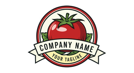 Vintage Tomato Logo with Banner for Company Name and Tagline.
