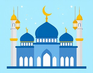 Fototapeta premium Stylized Mosque with Golden Domes and Lanterns on Blue Background