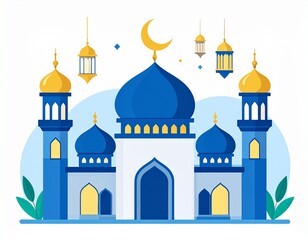 Fototapeta premium Decorative Mosque Illustration with Lanterns and Nature Elements