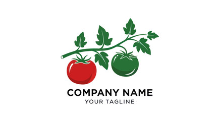 Tomato plant logo design with red and green tomatoes and leaves.