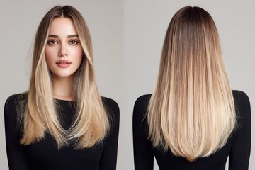 Portrait of young woman with straight ash blonde hairstyle front and back view on gray background