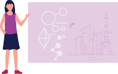 The girl is pointing building map