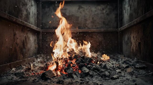 Pile of burning ashes and fire inside an industrial furnace surrounded by sparks and embers.