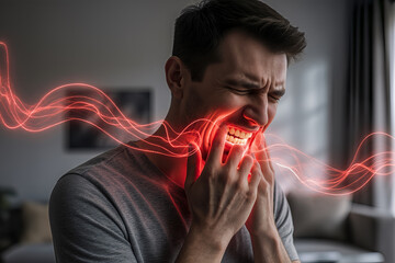 Man with toothache at home, periodontal disease in wisdom teeth, health problems concept