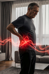 Lumbar intervertebral spine hernia, back pain, kidney stones, inflammation and disease, old man suffering from backache at home