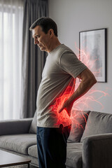 Lumbar intervertebral spine hernia, back pain, kidney stones, inflammation and disease, old man suffering from backache at home