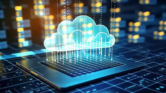 Futuristic video concept of cloud computing with a digital cloud hovering over a laptop. High-angle view, glowing blue and orange tech style.