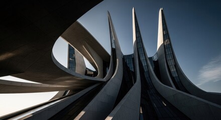 A modern, geometric building with sharp, angular structures and a curved roof, set against a clear blue sky.