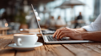Hands typing on a laptop keyboard at a rustic wooden cafe table. A steaming coffee cup is nearby, perfect for remote work and digital productivity concepts.