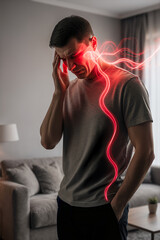 Headache and migraine, man with head pain at home, health problems concept