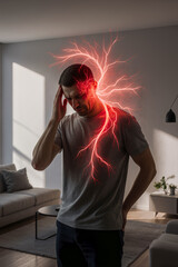 Headache and migraine, man with head pain at home, health problems concept
