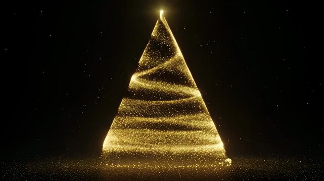 Golden dust forming a glowing Christmas tree outline on a dark festive background.