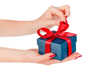 Female hands opening a small dark blue gift box tied with a red satin ribbon, isolated on white background. Concept of surprise, holiday, or romantic present.