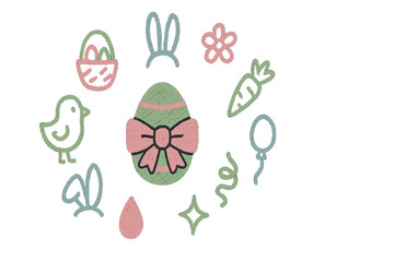 Obraz premium Decorative spring symbols with an Easter theme, featuring an egg, bunnies, and flowers arranged in a playful circle