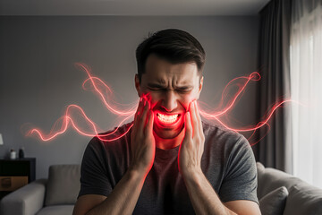 Man with toothache at home, periodontal disease in wisdom teeth, health problems concept