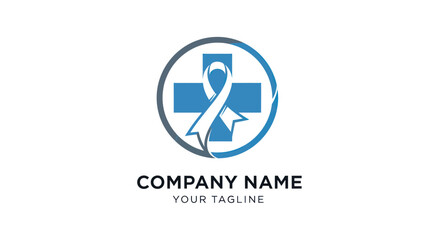 Medical cross logo with ribbon inside circle for healthcare awareness.