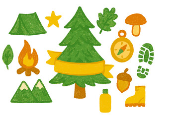 Nature-themed illustrations show camping and outdoor activities with trees, wildlife, and adventure gear