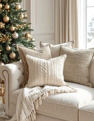 Comfortable sofa with knit pillows in a festive living room