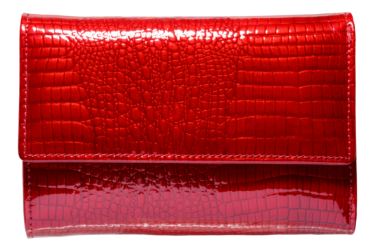 A vibrant women's wallet made of red patent leather with a crocodile-like embossing.