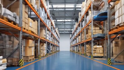 A wide-angle view of a modern warehouse interior showcasing organized rows of shelves filled with neatly stacked cardboard boxes, highlighting efficient storage solutions in a logistics facility