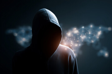 Hacker in hoodie with digital network background, cyber security concept
