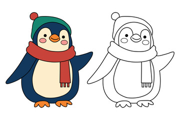 Cute penguin wear scarf coloring pages for kids printable vector