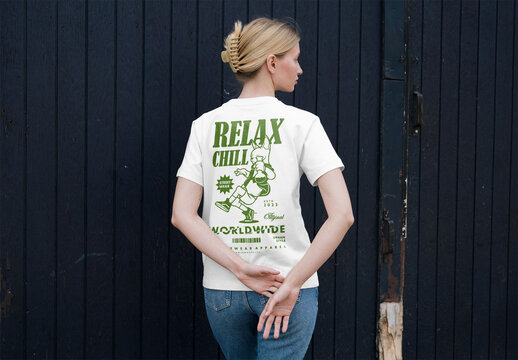 Mockup Of Woman Wearing Customizable T-Shirt, Rear View