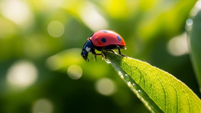 Ladybug resting on a green leaf with water droplets in nature