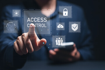 Access control concept with businessman using smartphone displaying virtual security icon, symbolizing personal data protection, secure authentication, and automated access systems