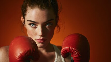 An athlete in boxing gloves, confidently staring at the camera with determination